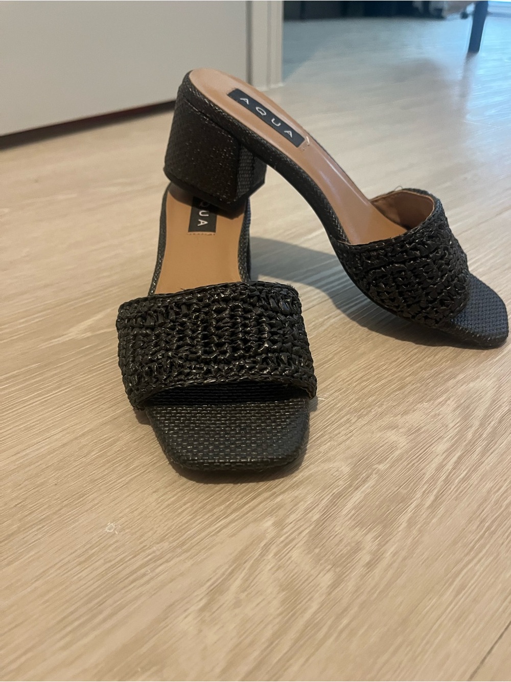 Aqua Black Woven Block Heel Mules